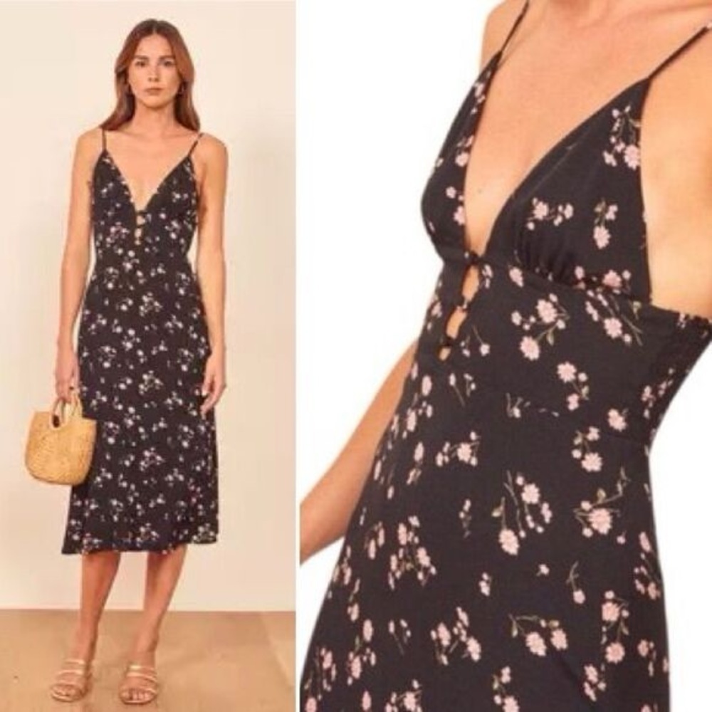 Reformation Black Floral Midi Dress with Pink Blossoms